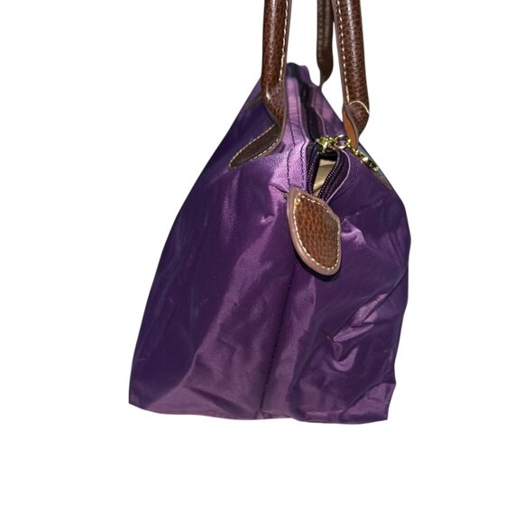 purple nylon leather handles pliage style zip small tote bag 13x8 - Picture 3 of 5